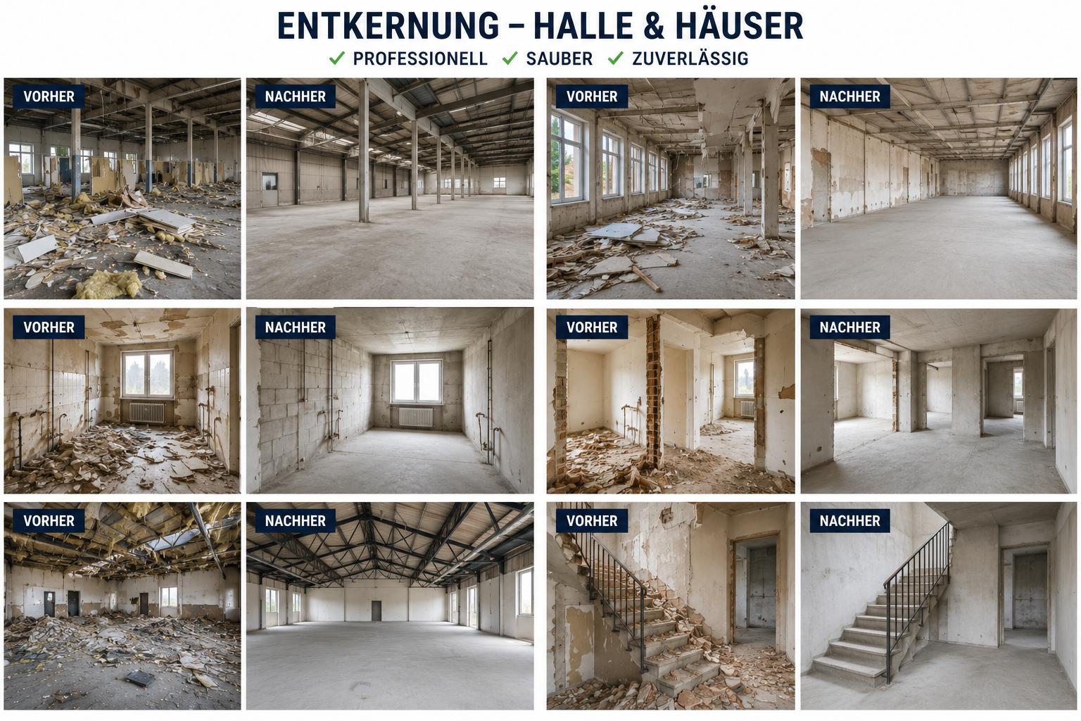 Entkernung von Hallen und Häusern – Vorher und Nachher