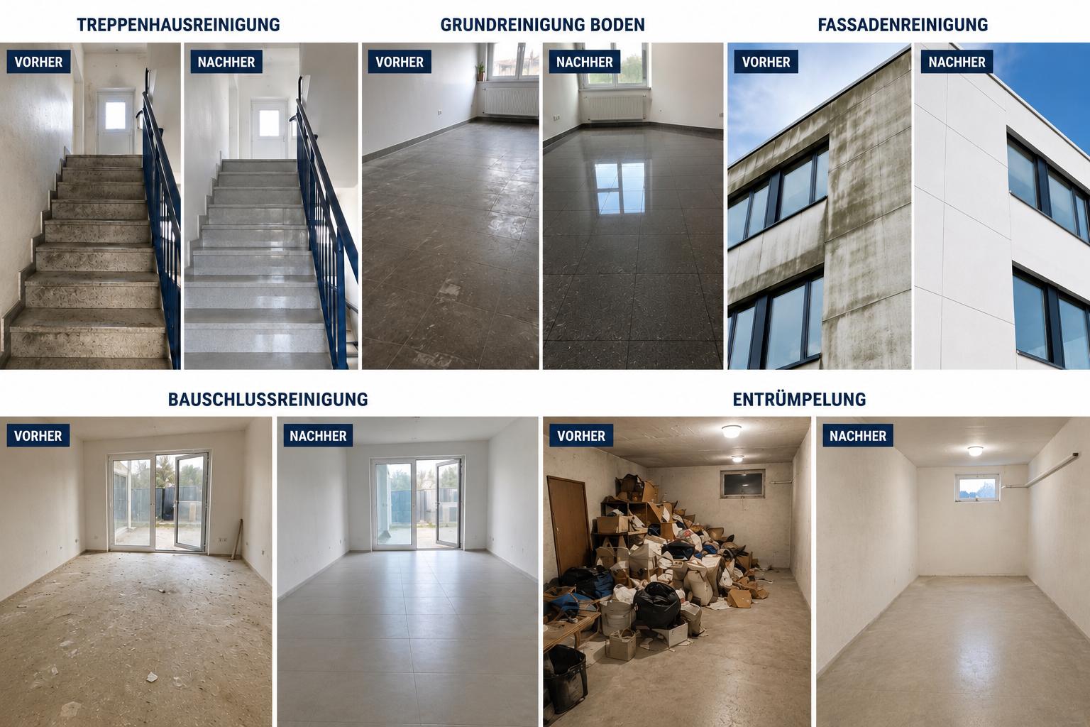 Vorher-Nachher Vergleiche: Treppenhausreinigung, Grundreinigung Boden, Fassadenreinigung, Bauschlussreinigung, Entrümpelung